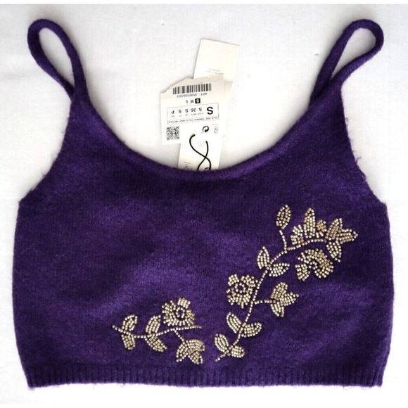 Zara 9598/006/603 Women's Sz Small Purple Beaded Knit Wool Blend Crop Top Cami - Picture 1 of 7